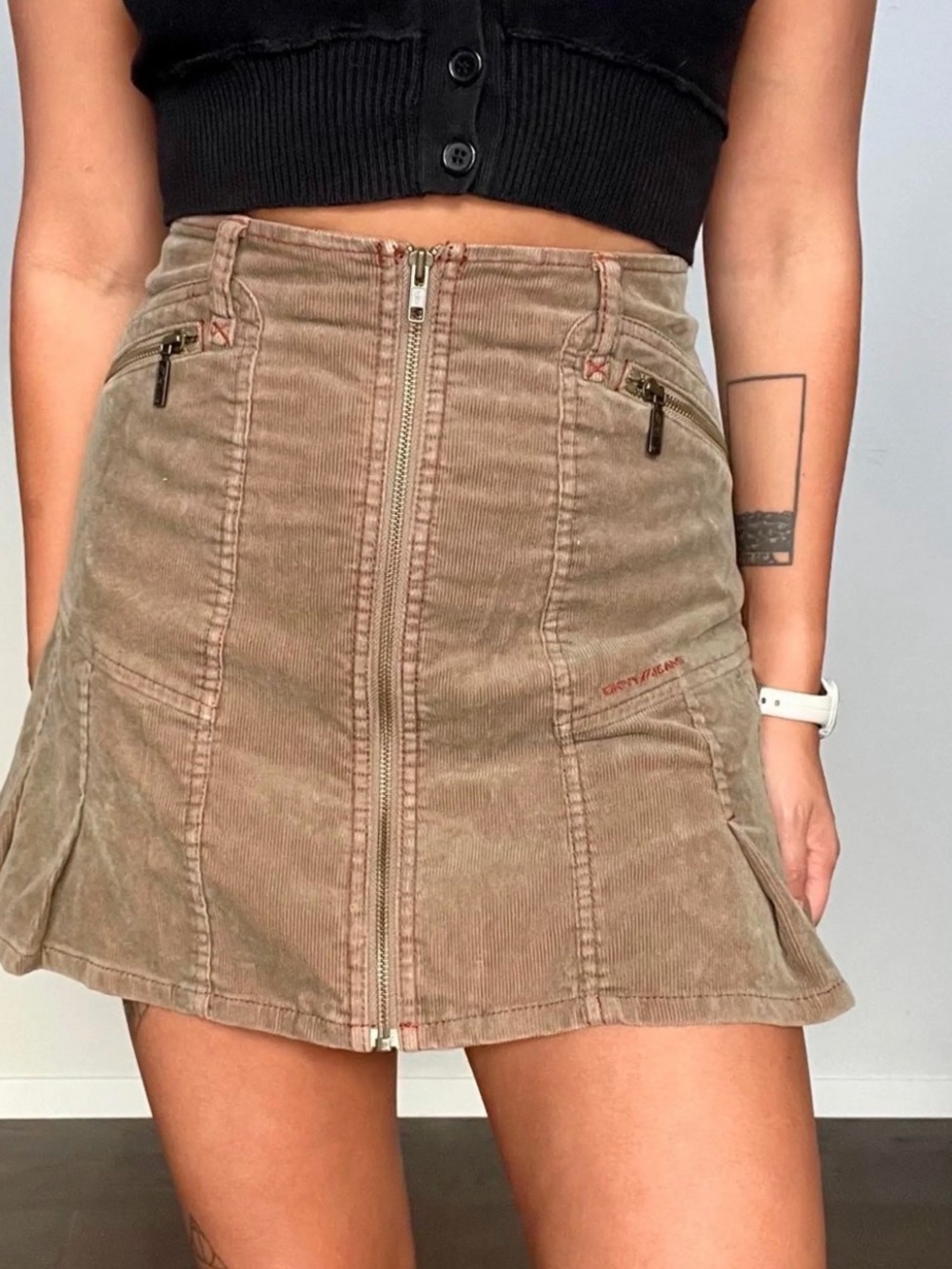 DKNY Taupe Corduroy Zip-Front Mini Skirt